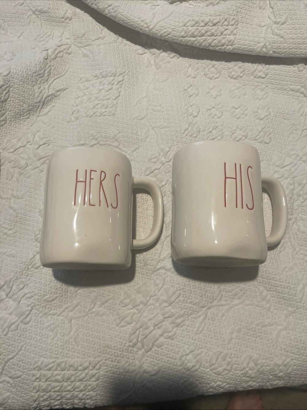 Rae Dunn White Ceramic Mug Set with Black Stamp His&Hers in red almost 5” High
